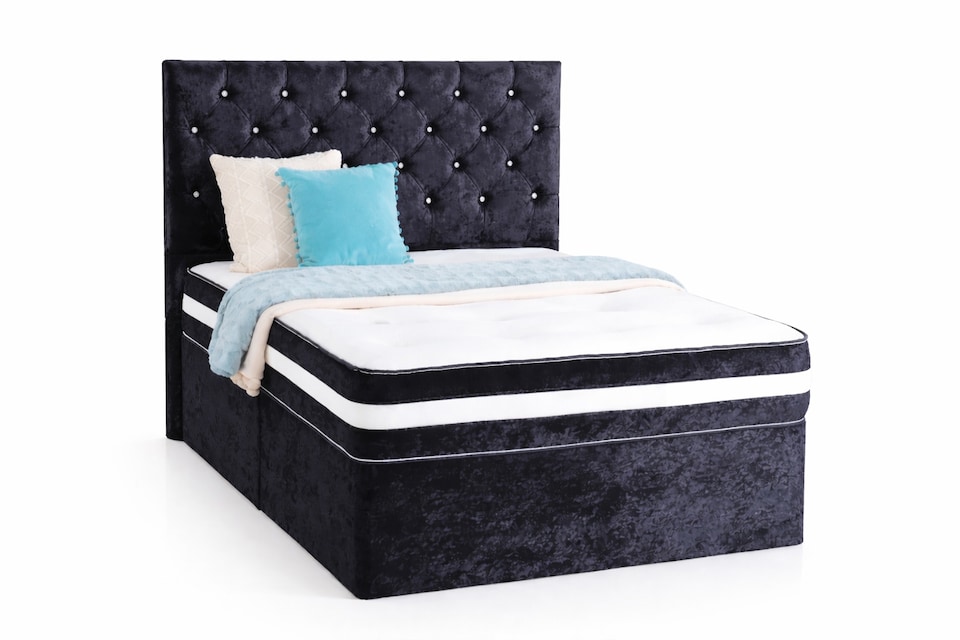 Chesterfield Black Crushed Velvet Kingsize 5ft Divan Bed With 54inch Floorstanding Headboard and Mattress No Drawers