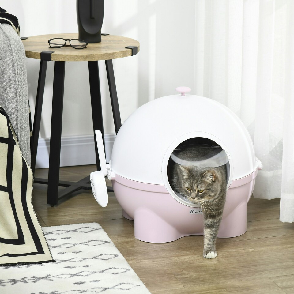 image 1 of PawHut Large Cat Litter Box w/ Scoop, Front Entrance, 53 x 51 x 48cm - Pink