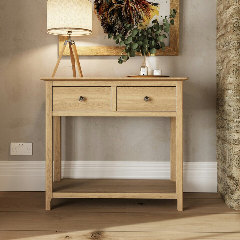 image 1 of Taberno Oak 2 Drawer Console Hallway Table Natural Oak Brown