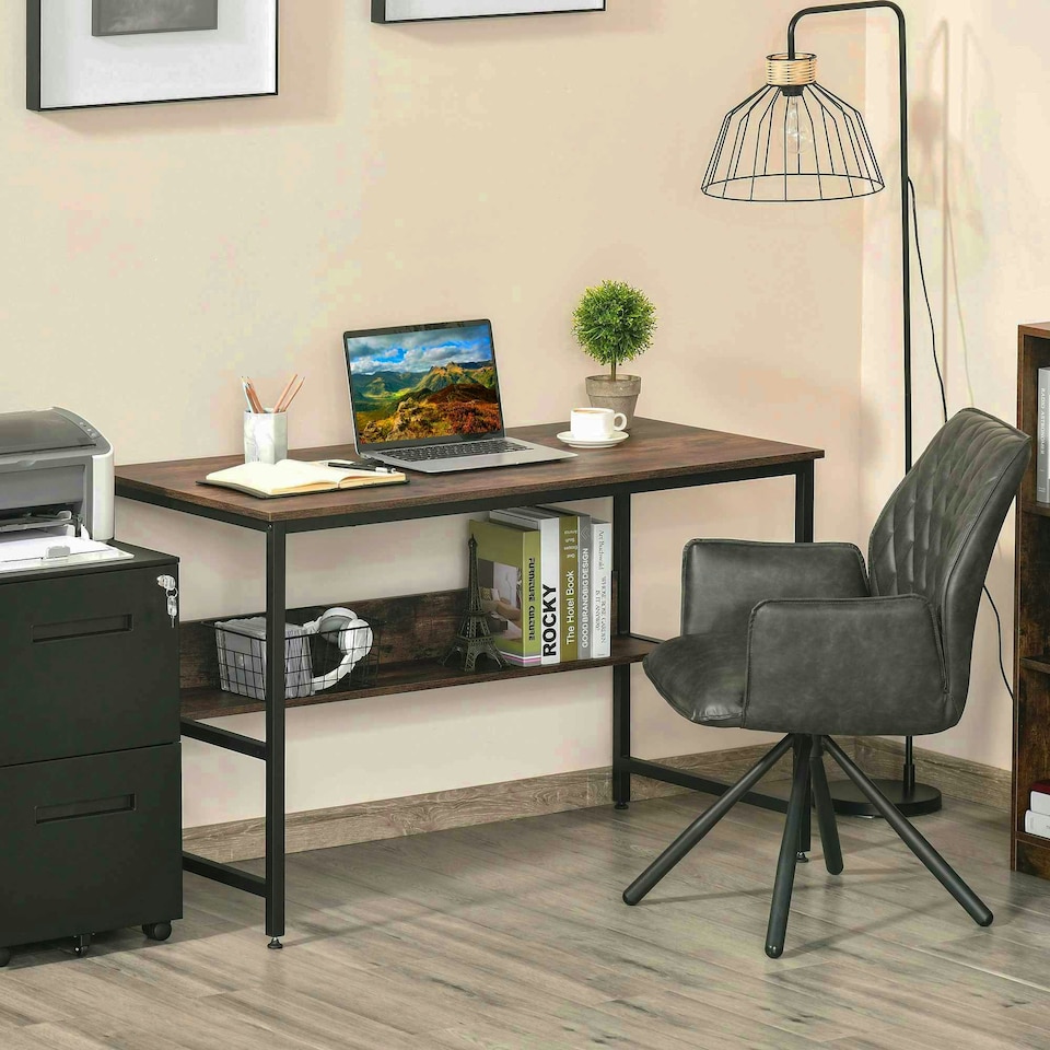 image 1 of HOMCOM 2-Tier Writing Desk Metal Frame Smooth Shelves Storage Shelf Rustic Brown