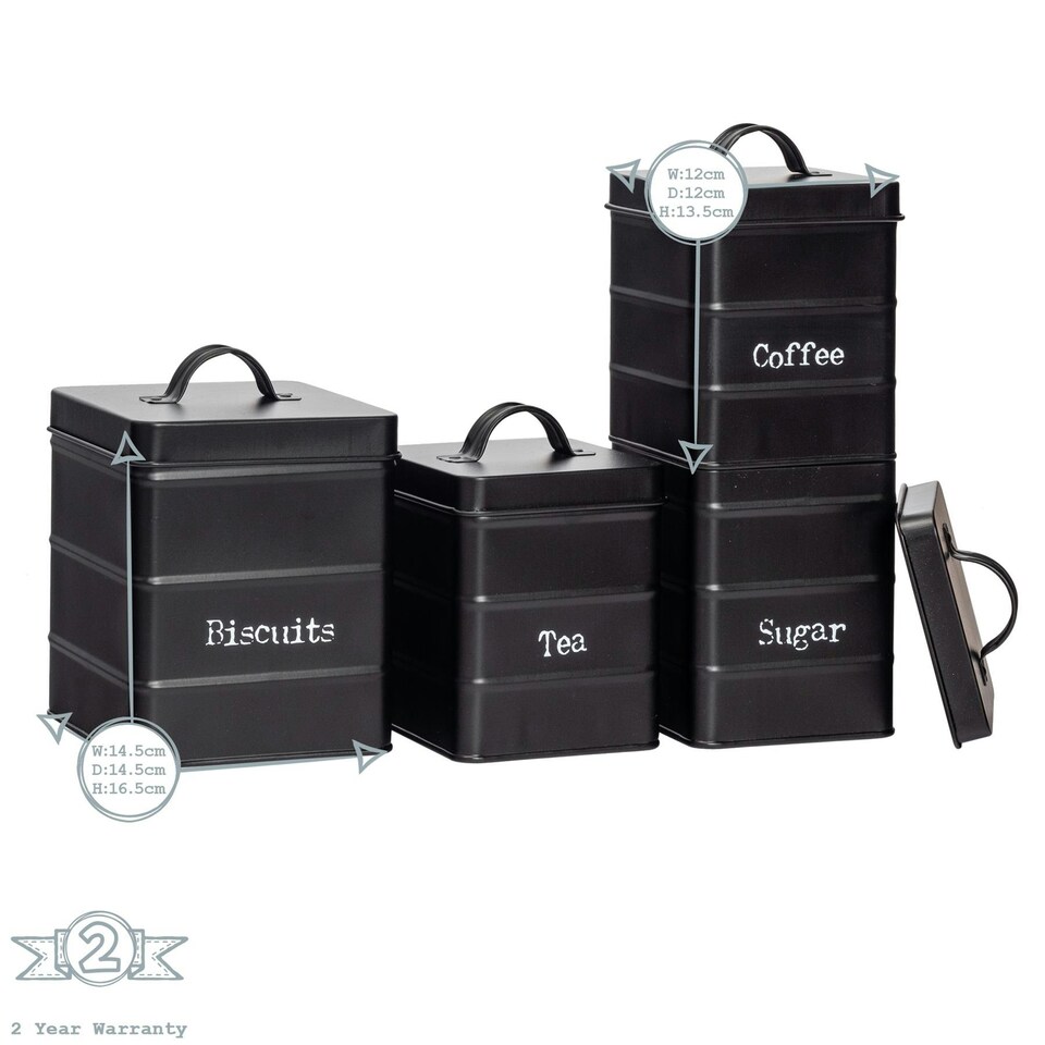 image 1 of Harbour Housewares 4 Piece Black Vintage Metal Kitchen Canisters Set Utility Storage Utility Containers Storage Box Storage Container