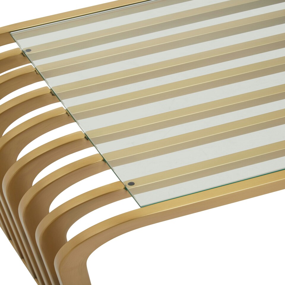 image 1 of Interiors by Premier Matte Gold Slatted End Table, Stylish End Table, Glass Top and Steel Construction Corner Table for Home Gold