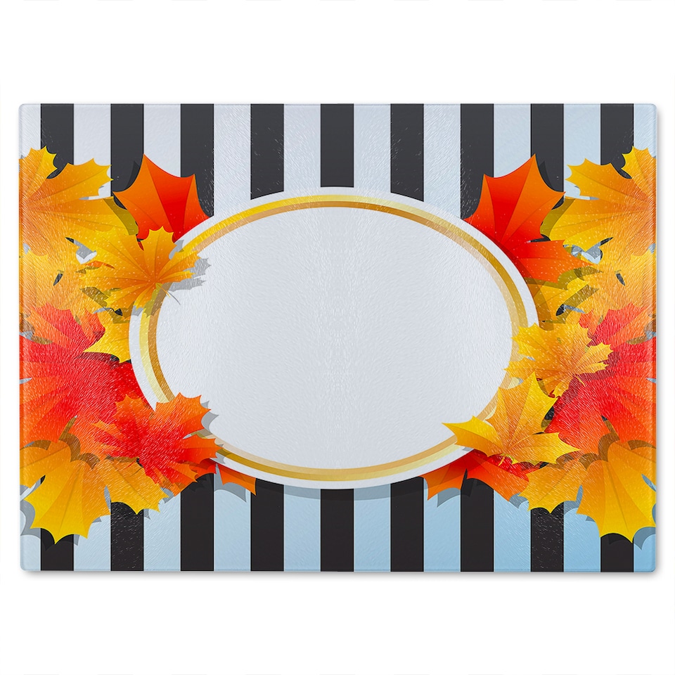image 1 of Orange & Red Autumn Leaves On Black Stripes Glass Chopping Board | Multi