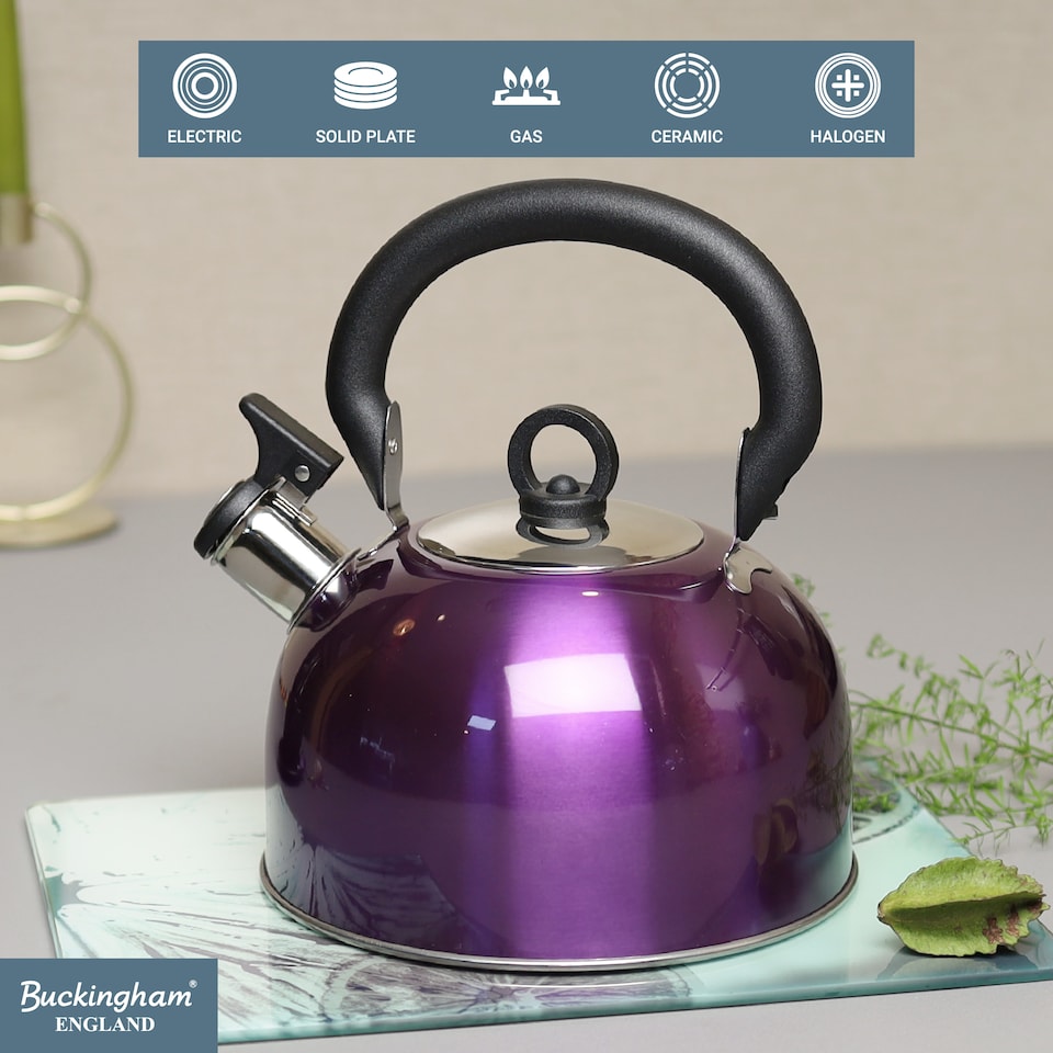 image 1 of Buckingham Camping Whistling Kettle Met Purple Colour Coated Stainless Steel with Heat Resistant Phenolic Handle 2.5 L