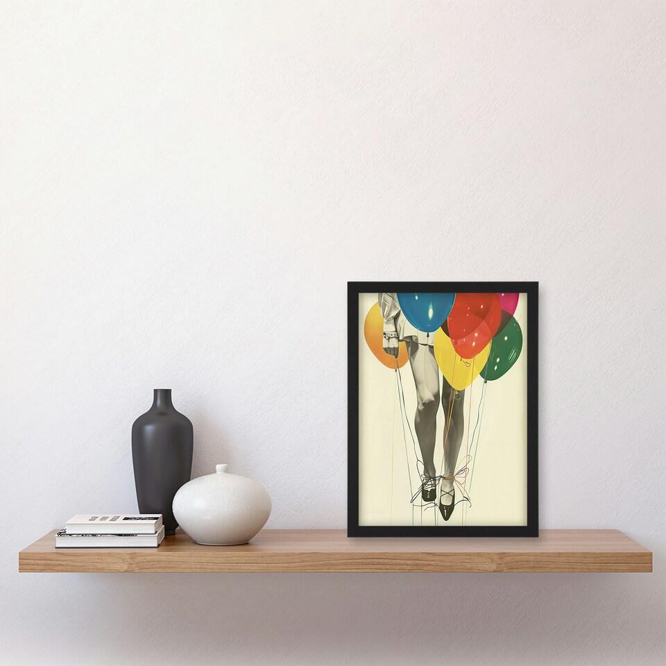 image 1 of Party Over Woman Colourful Balloons Collage Black Framed Wall Art Print A4