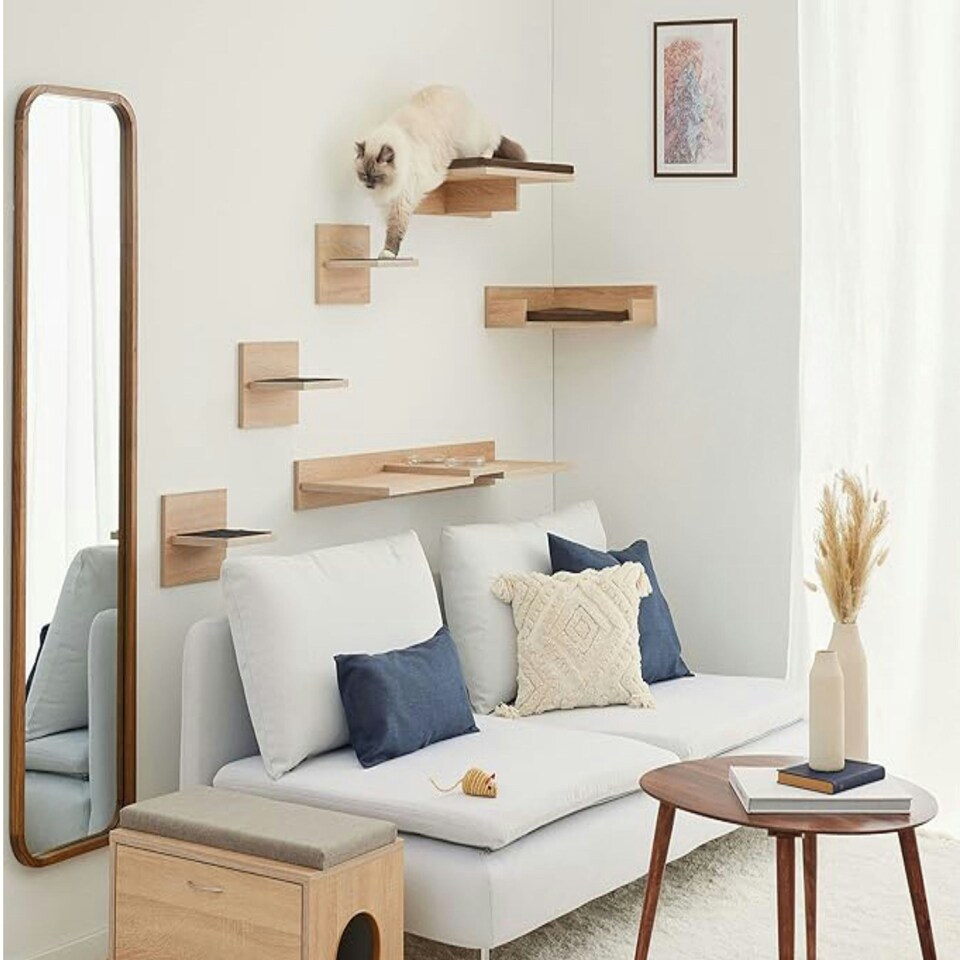 image 1 of NOVECRAFTO Corner Wall-Mounted Cat Bed – Sonoma Oak Beige – Brown Cushion – 35cm Wide – Space-Saving Shelf Holds up to 30kg for Cats