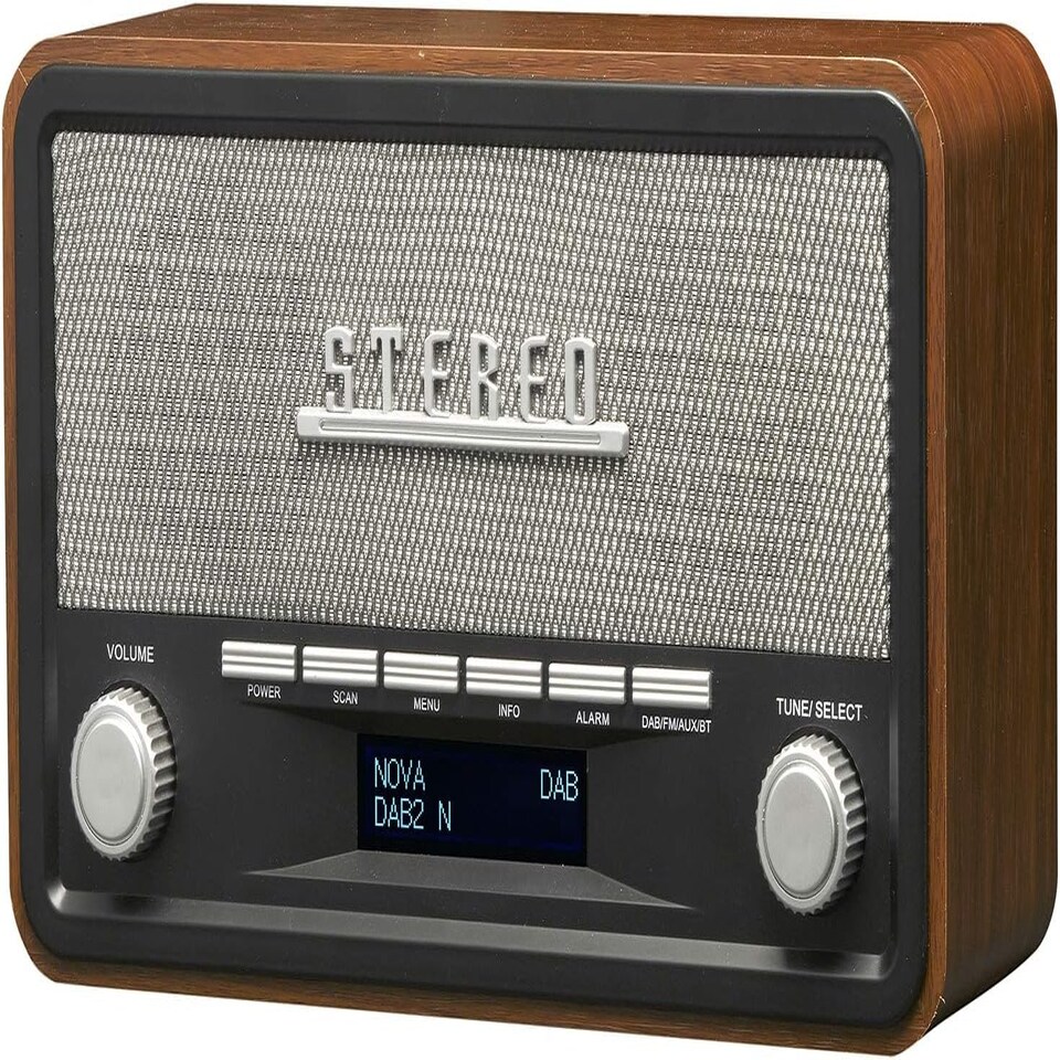 image 1 of Vintage Style Stereo DAB/DAB+ & FM Radio – Grey Wood Cabinet, Bluetooth, Clock Radio Alarm, AUX IN for Smart Phone/Tablet / MP3 Player – Mains or Battery