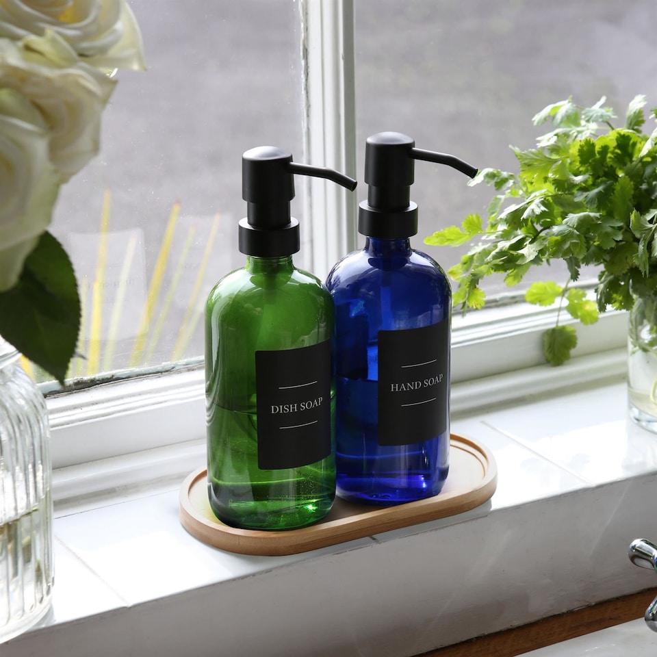 image 1 of Harbour Housewares 2pc Glass Soap Dispenser Set with Bamboo Tray & Labels - 500ml - Blue/Black Refillable Pump Bottles