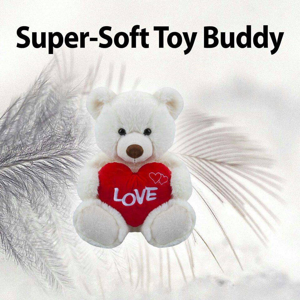 image 1 of Bear Soft Toy Cream 34cm Sitting Bear Plush With Red Love Heart Cuddly Toy