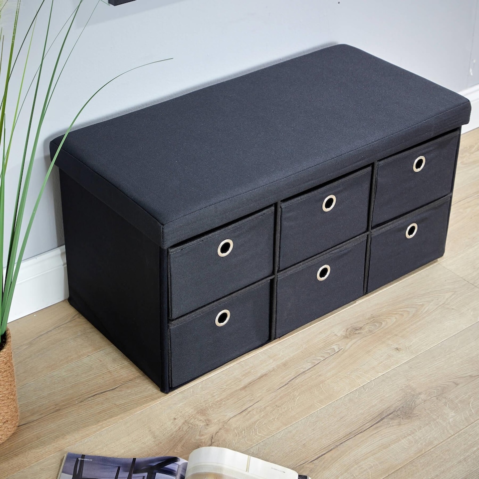 image 1 of Folding Ottoman Storage Bench 6 Drawer Compact Space-Saving Furniture | Black