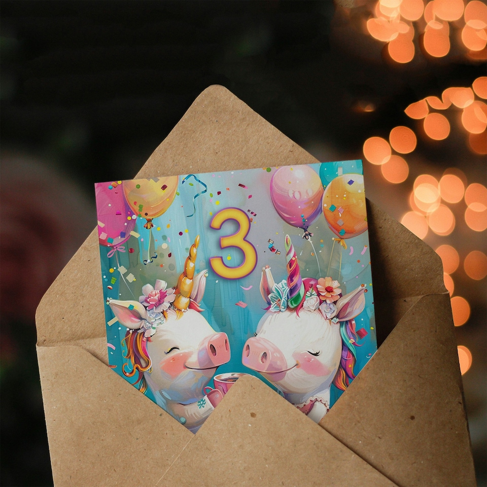 image 1 of Cute Pig Unicorn Piglet Party Balloons 3rd 3 Year Old Birthday Card