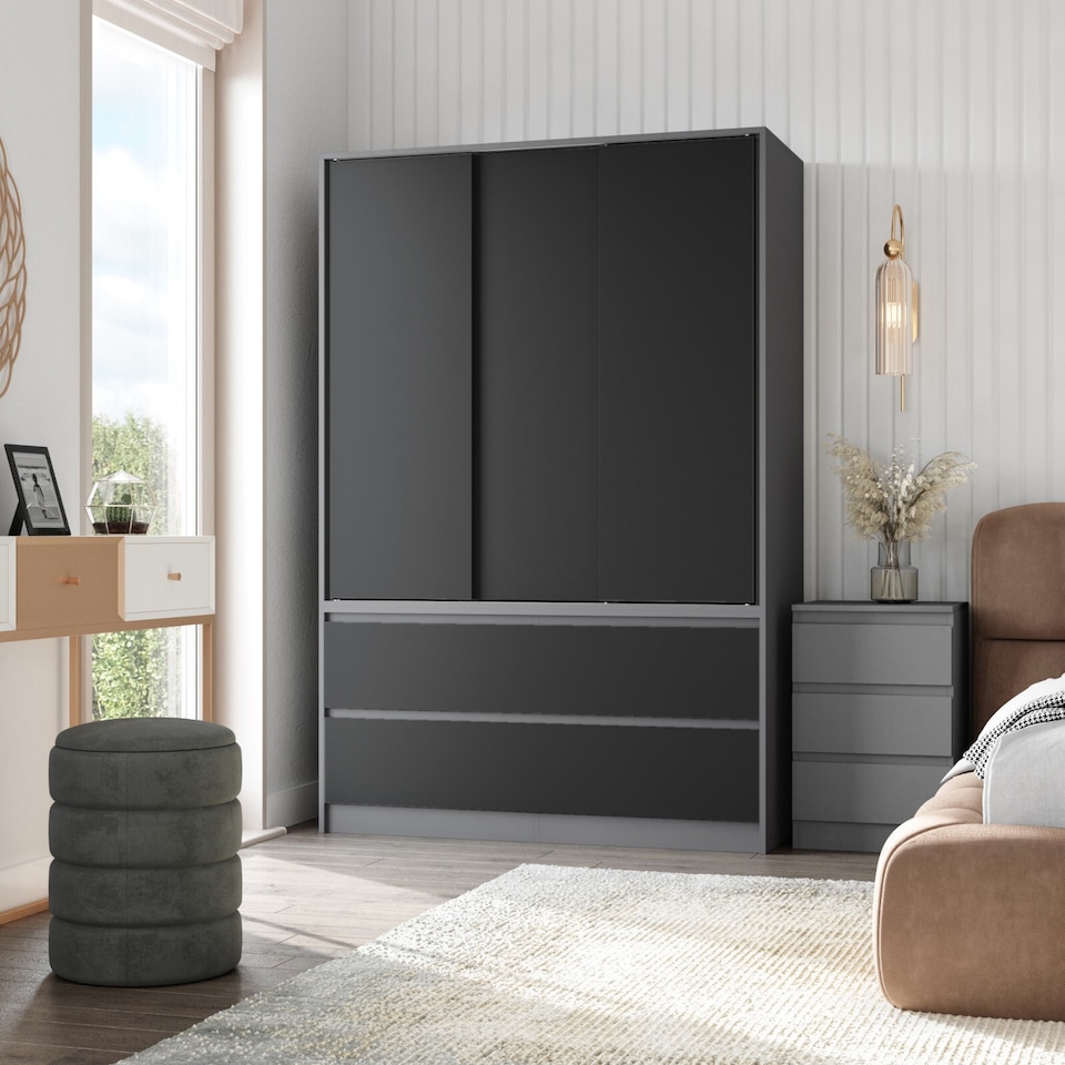 image 1 of URBNLIVING 3 Sliding Door Wardrobe With 4 Drawers And Hanging Rail | Grey | Black Drawers | 1