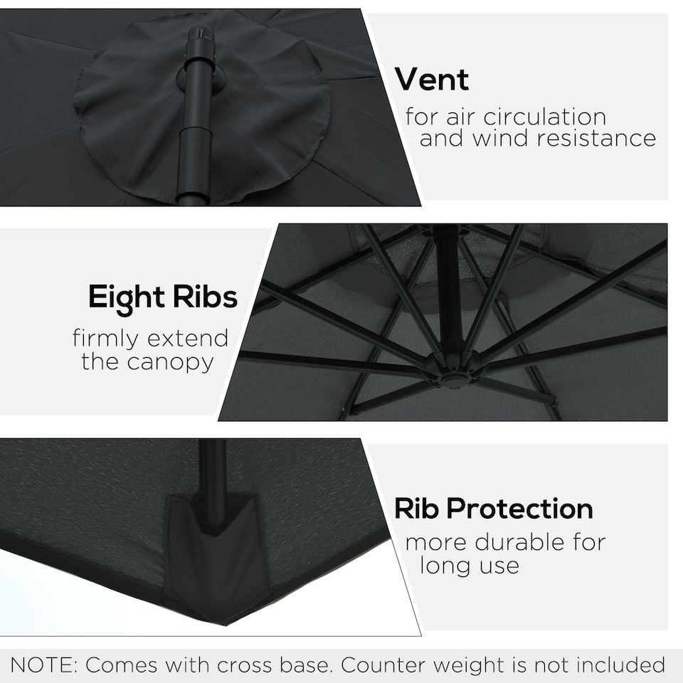 image 1 of Outsunny 3(m) Garden Banana Parasol Cantilever Umbrella w/Crank& Base, Black