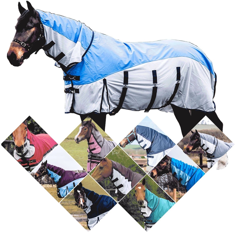 image 1 of eQuitack 600D 2 in 1 Waterproof Fly Turnout Mesh Horse Rug Fixed Neck Blue/Grey 6'3''