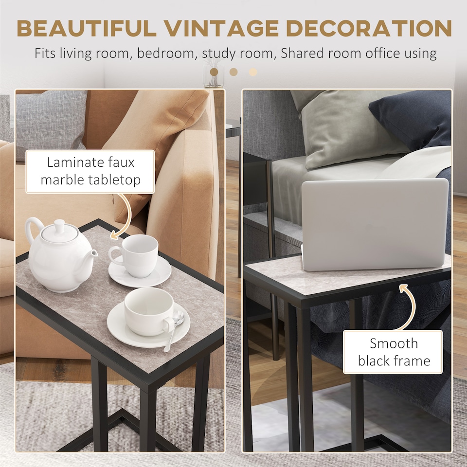 image 1 of HOMCOM C Shape End Table withMetal Frame Sofa Side Table Narrow Snack Coffee Table for Living Room, Grey Marble Effect | Grey