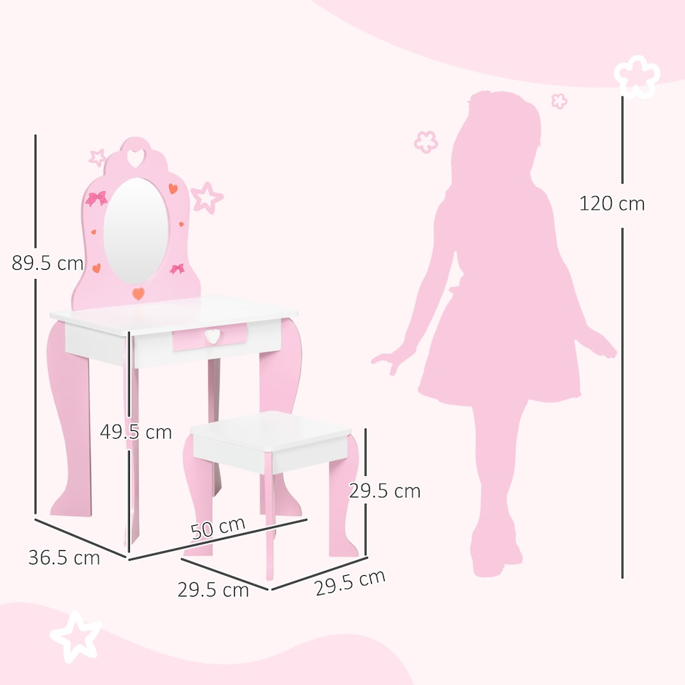 image 1 of ZONEKIZ Kids Vanity Set w Mirror, Drawer, Cute Patterns, for Girls - Pink | Pink | White