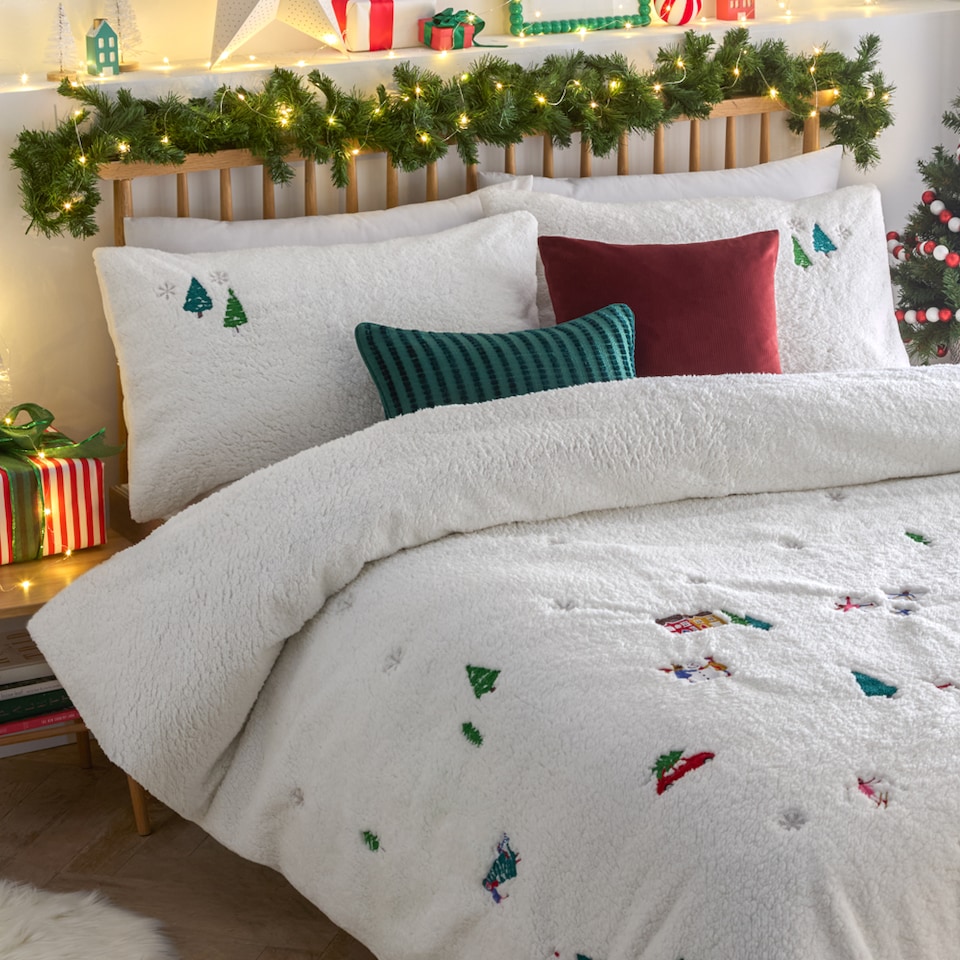 image 1 of Furn Christmas Together Embroidered Fleece Duvet Cover Set | White | White | Super King