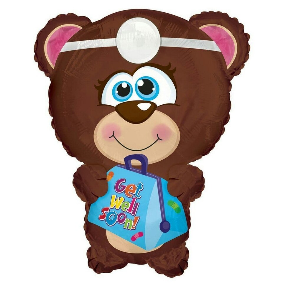 Get Well Soon Bear Balloon - Brown/Blue/White - One Size