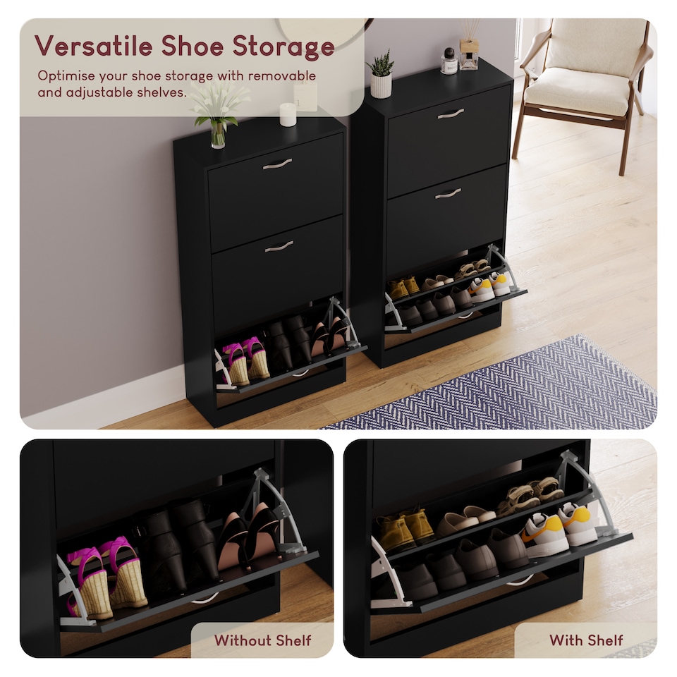image 1 of Vida Designs 3 Drawer Shoe Cabinet Shoe Rack Storage Cupboard, Black