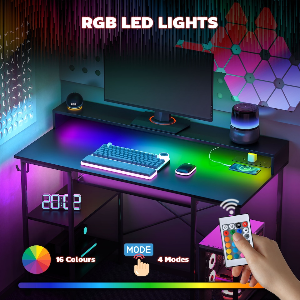 image 1 of HOMCOM Computer Desk with LED Lights and Power Outlets, 120 x 55 cm Gaming Desk with Monitor Stand, Sliding Keyboard Tray and Storage Shelves for Home Office, Black | Black