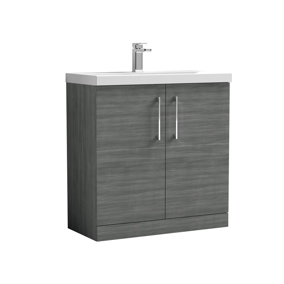 image 1 of Balterley Contemporary Bathroom Floor Standing 2 Soft-Close Door Vanity Unit & Mid-Edge Ceramic Basin | Grey | Anthracite Woodgrain