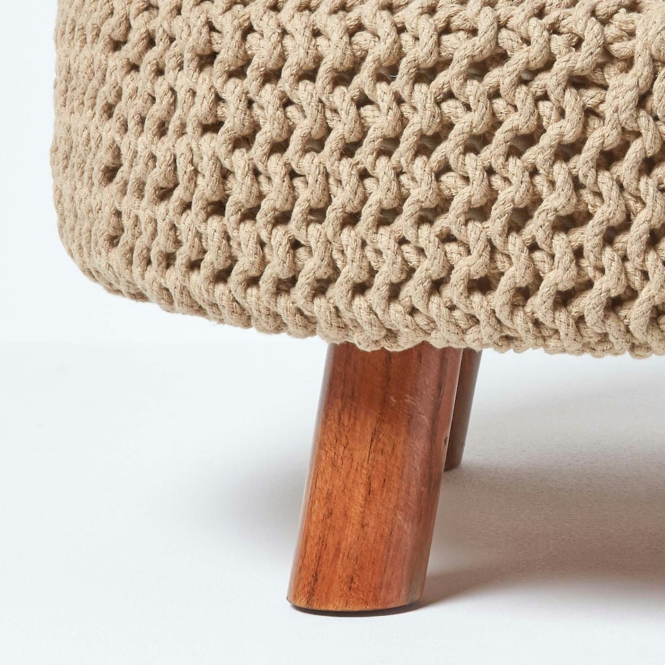 image 1 of Homescapes Linen Large Round Cotton Knitted Footstool on Legs