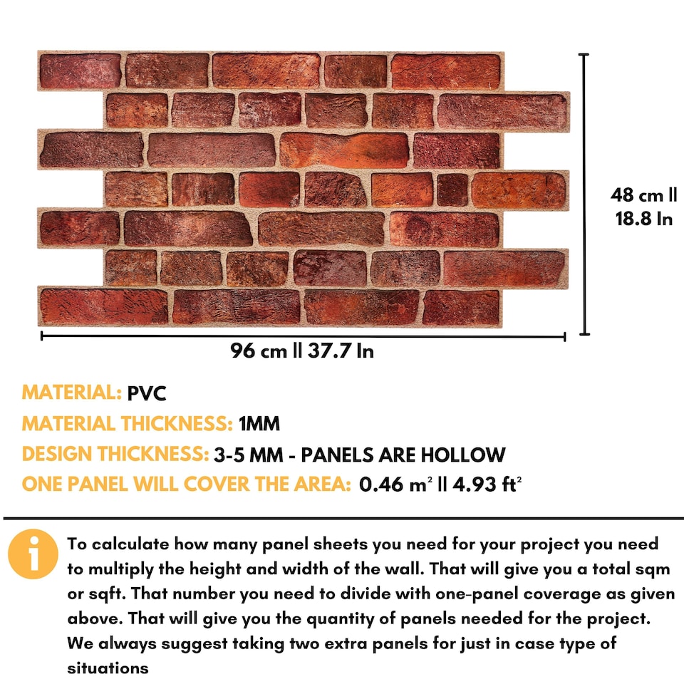 image 1 of NOVECRAFTO 3D Brick Effect Wall Panels – 6 PVC Sheets, Covers 29.76 sq ft (2.76 sqm), 96x48cm Each – Red Faux Brick Look, Easy DIY Wall Cladding Red