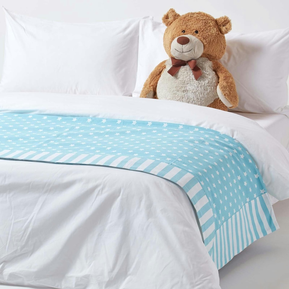 image 1 of Homescapes Cotton Stars and Stripes Decorative Blue Sofa Throw | Blue