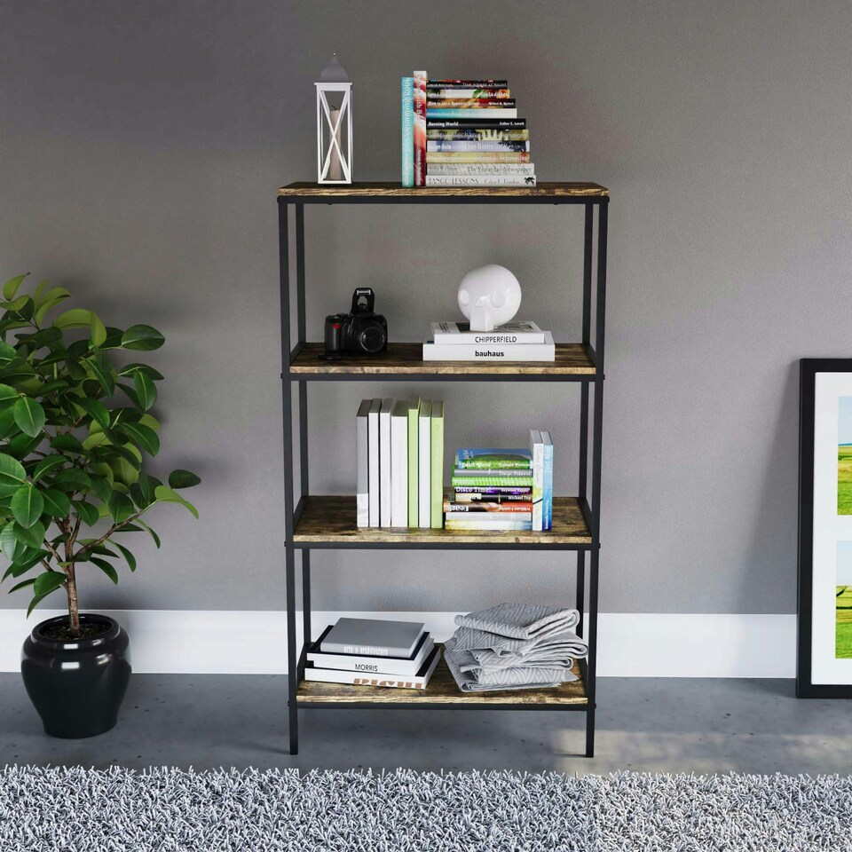 image 1 of Vida Designs Brooklyn 4 Tier Bookcase Industrial Style Display Storage, Dark Wood
