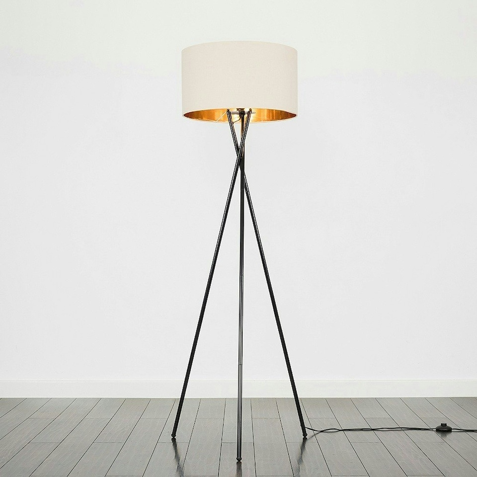 image 1 of ValueLights Camden Black Tripod Floor Lamp Beige & Gold Shade & Bulb Cream