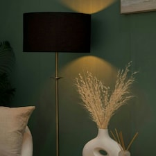 ValueLights Belmont Sconce Brushed Gold Floor Lamp with Large Black Drum Shade | Gold