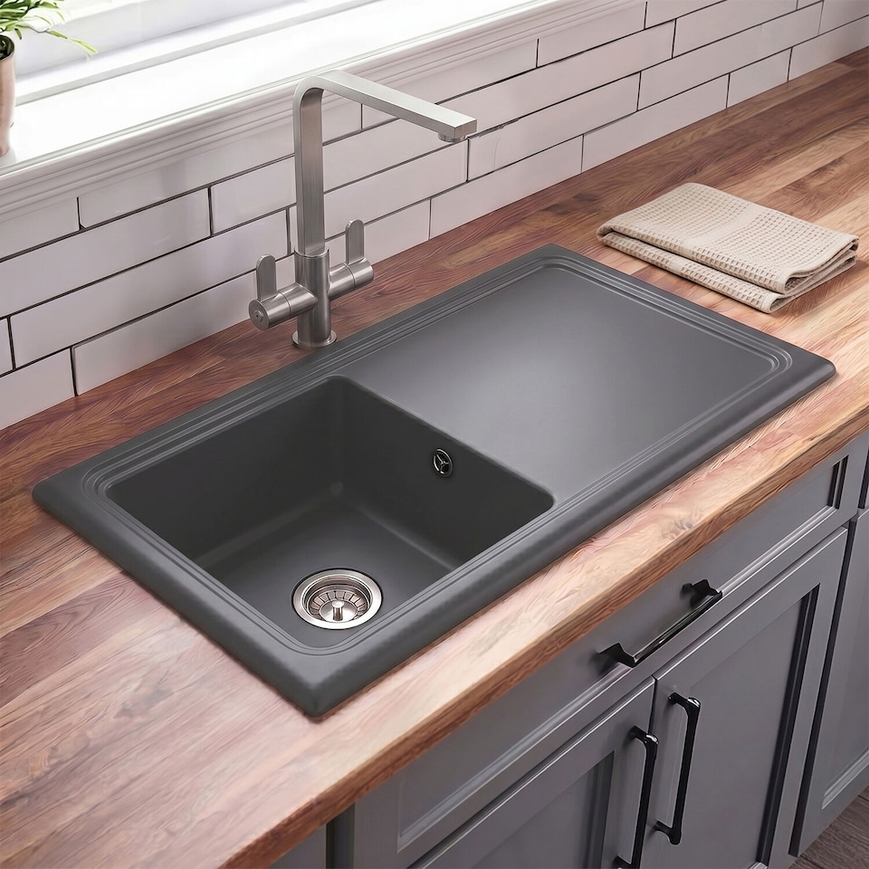 image 1 of Balterley 101cm Inset Counter Top Single Bowl Fireclay Ceramic Kitchen Sink with Plain Drainer | Grey | Soft Black | 1