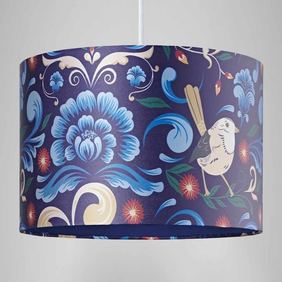 image 1 of Vivid Floral Midnight Blue Satin Fabric 12" Drum Lamp Shade with Bird Decoration