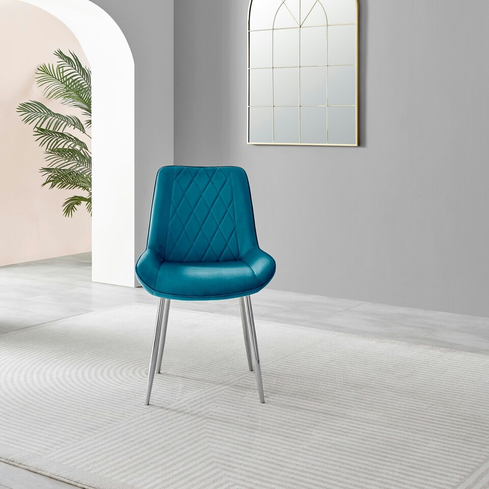 image 1 of Furniturebox 2x Pesaro Blue Velvet Silver Leg Luxury Dining Chairs