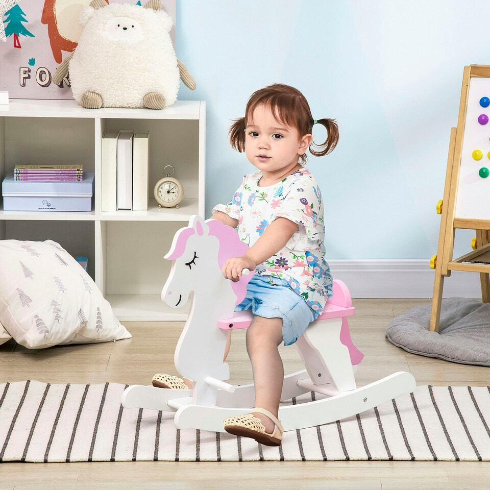 image 1 of HOMCOM Kids Ride-On Toy Rocking Horse w/ Handlebar, Foot Pedal - Pink
