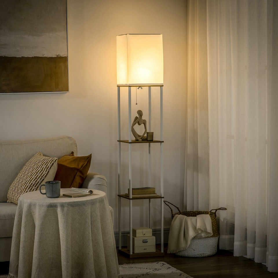 image 1 of HOMCOM Modern Floor Lamp with Shelves and Fabric Lampshade