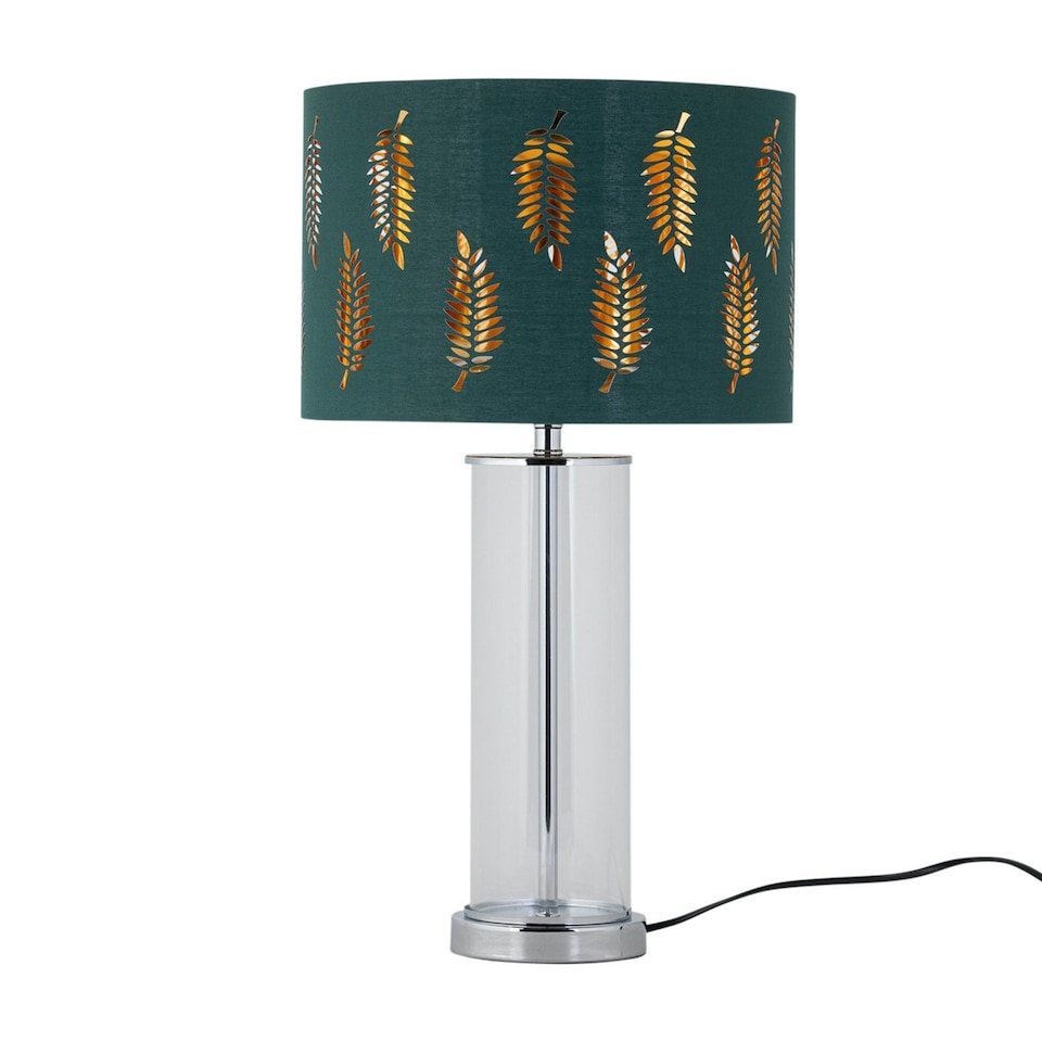 image 1 of Set of 2 Aura - Chrome Table Lamps with Green Fern Cut Out Shades Chrome | Green
