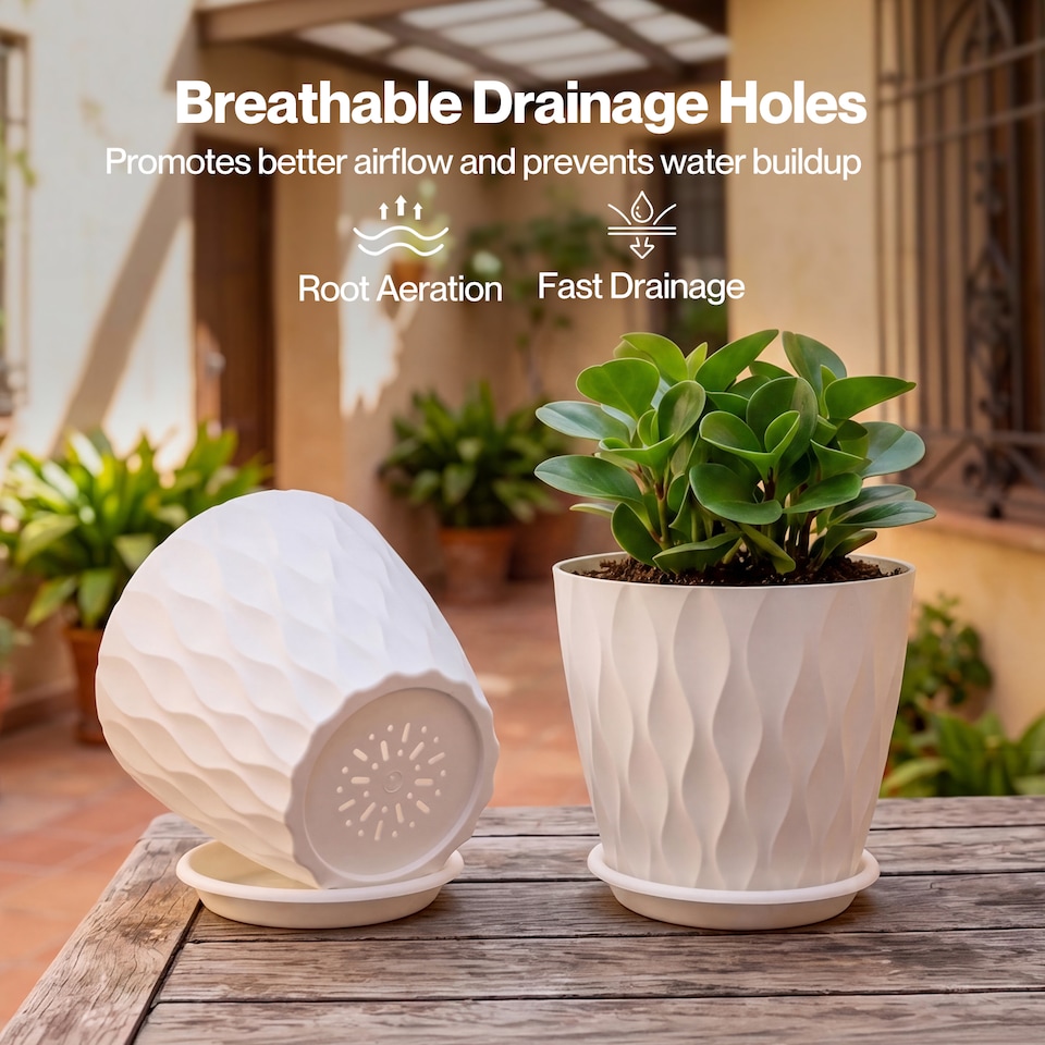 image 1 of TOQUE Plant Pots,5Pc 8 Inch Plant Pots Indoor,Drainage,PP Plastic,White