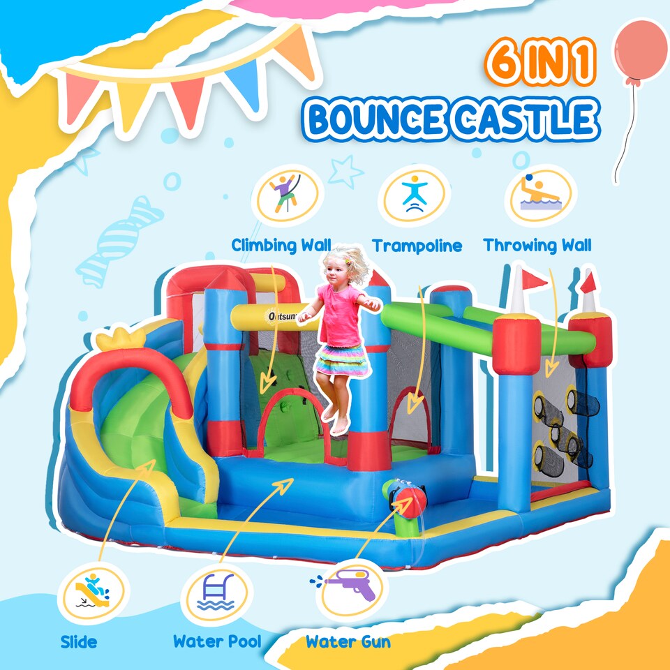 image 1 of Outsunny Kids Inflatable Bouncy Castle 6 in 1 Water Slide Water Gun