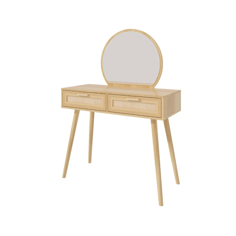 image 1 of Dressing Table With Circular Mirror 2 Rattan Front Drawers Bedroom Vanity Table