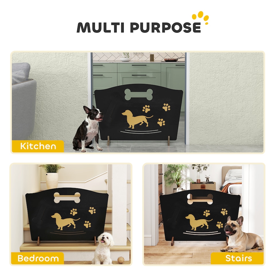 image 1 of PawHut Wooden Dog Stopper, Dog Barrier for Stairs, Patio, Indoors, Freestanding Pet Gate with Support Feet, Very Easy Setup, Lightweight, Black, 75 x 51 cm
