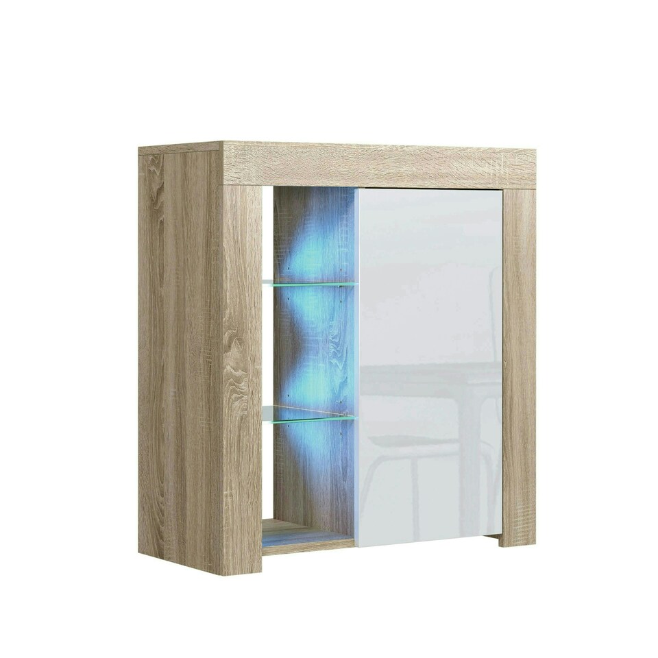 image 1 of Sideboard 75cm White Gloss Door Oak Matt Body Glass Shelves Free LED Multi | Oak & White