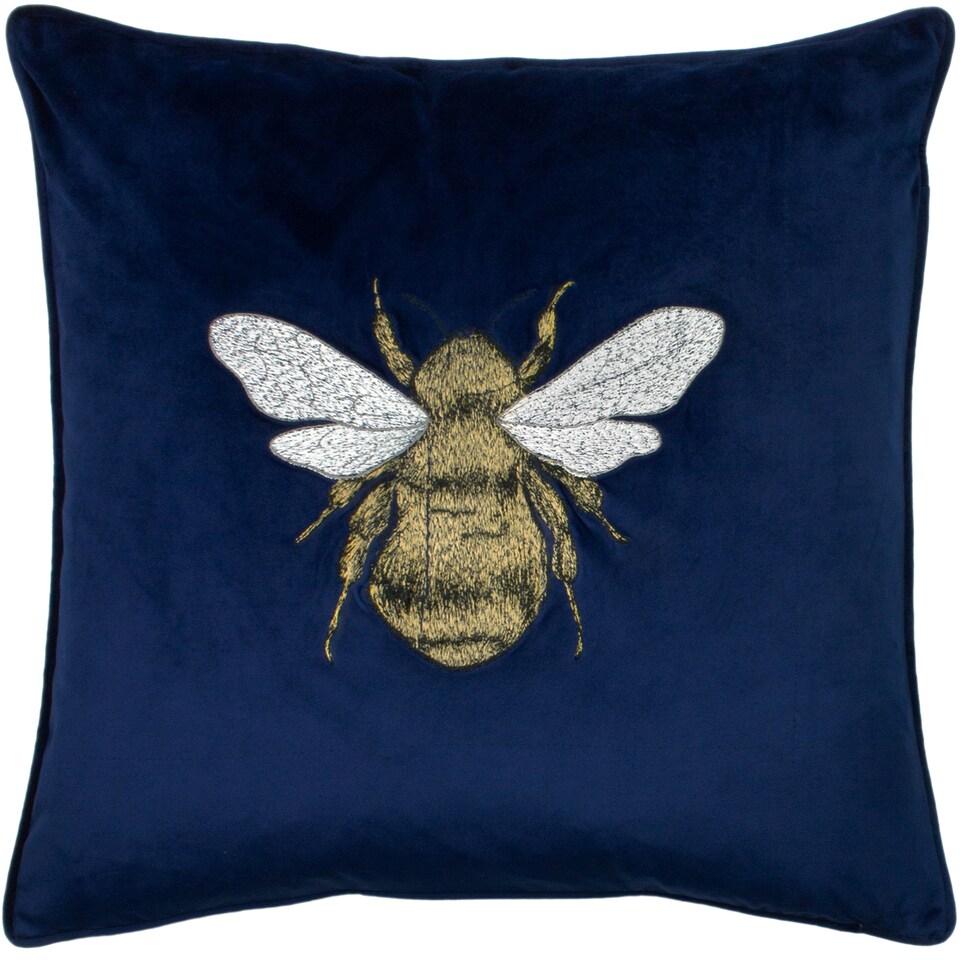 image 1 of Paoletti Hortus Embroidered Bee Cushion, Navy, 50 x 50cm