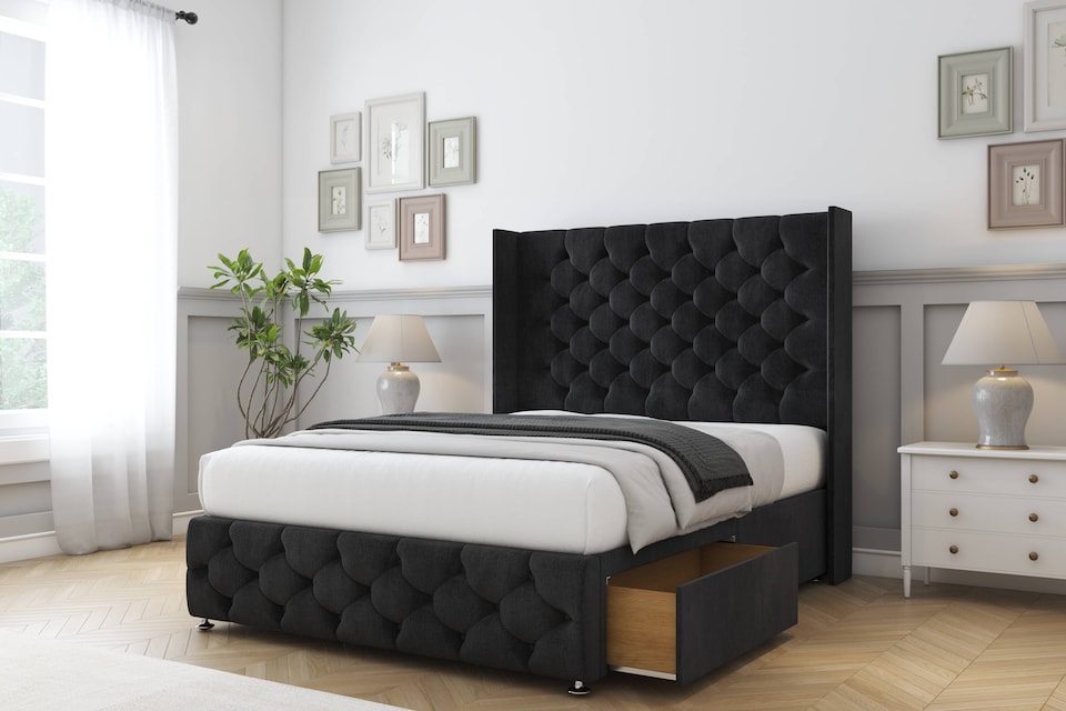 image 1 of Sloomy Luthor Black Naples Divan Bed With Mattress No Drawers With 54" Wingback Headboard & 12" Matching Footboard 4' Small Double | Black | Black | Small Double | 1