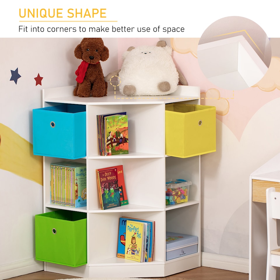 image 1 of HOMCOM Kids Bookcase, 3 Tier Toy Organiser Storage Unit BookShelf with 3 Non-woven Fabric Drawers, Anti-tip Device, for Bedroom, Children's Room, Playroom, White | White