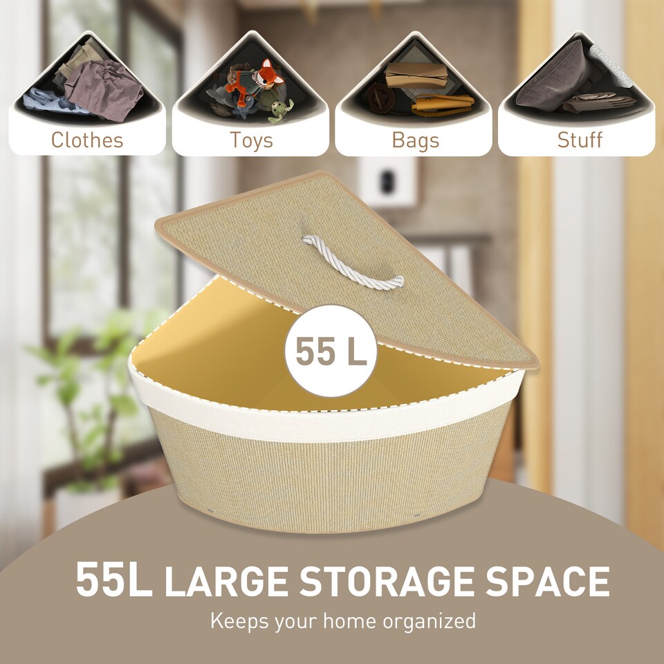 image 1 of HOMCOM Bamboo Laundry Basket with Lid, 55L Corner Laundry Hamper with Removable Washable Liner Bag, Bathroom Triangle Washing Basket, 35 x 35 x 60 cm, Nature Wood Finish | Yellow | Cream