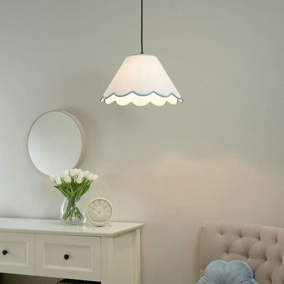 image 1 of ValueLights Florie Natural Linen Large Tapered Lamp Shade with Scallop Blue Trim with LED Bulb