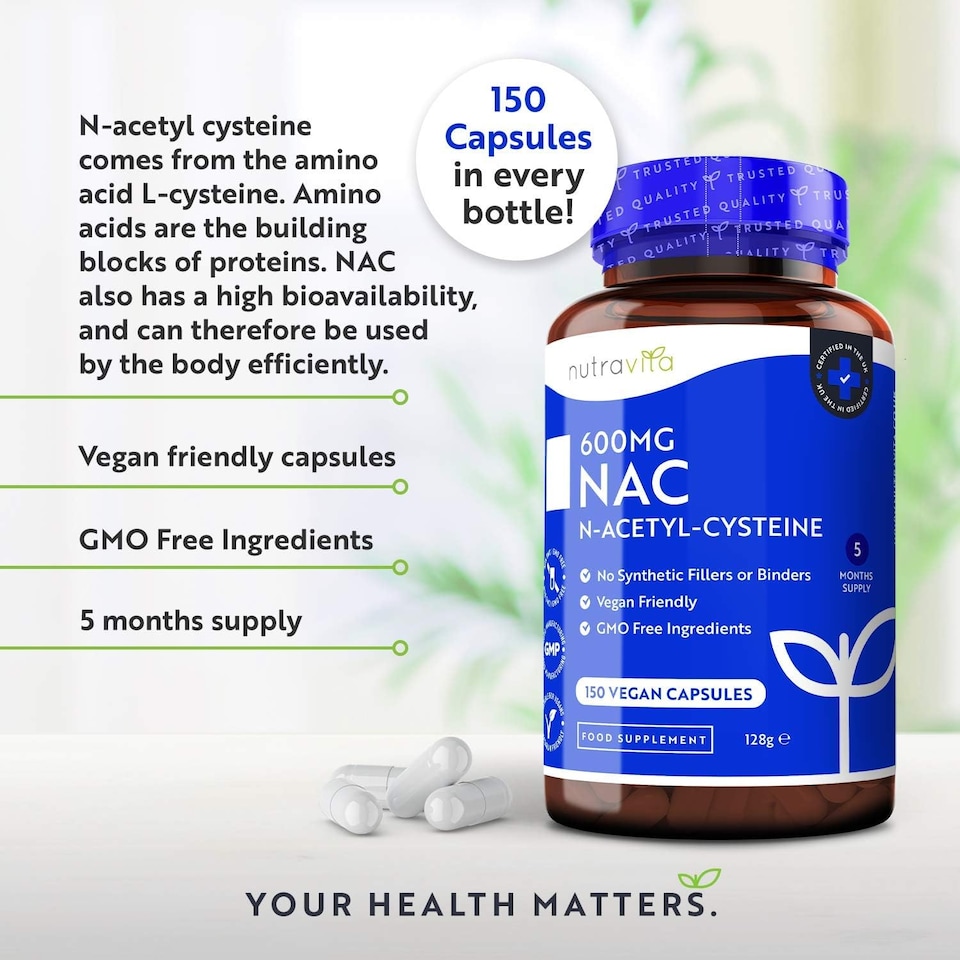 image 1 of Nutravita NAC N-Acetyl-Cysteine 600mg - High Bioavailability NAC Supplement - N Acetyl Cysteine Amino Acid - Made in The UK - 150 Vegan Capsules