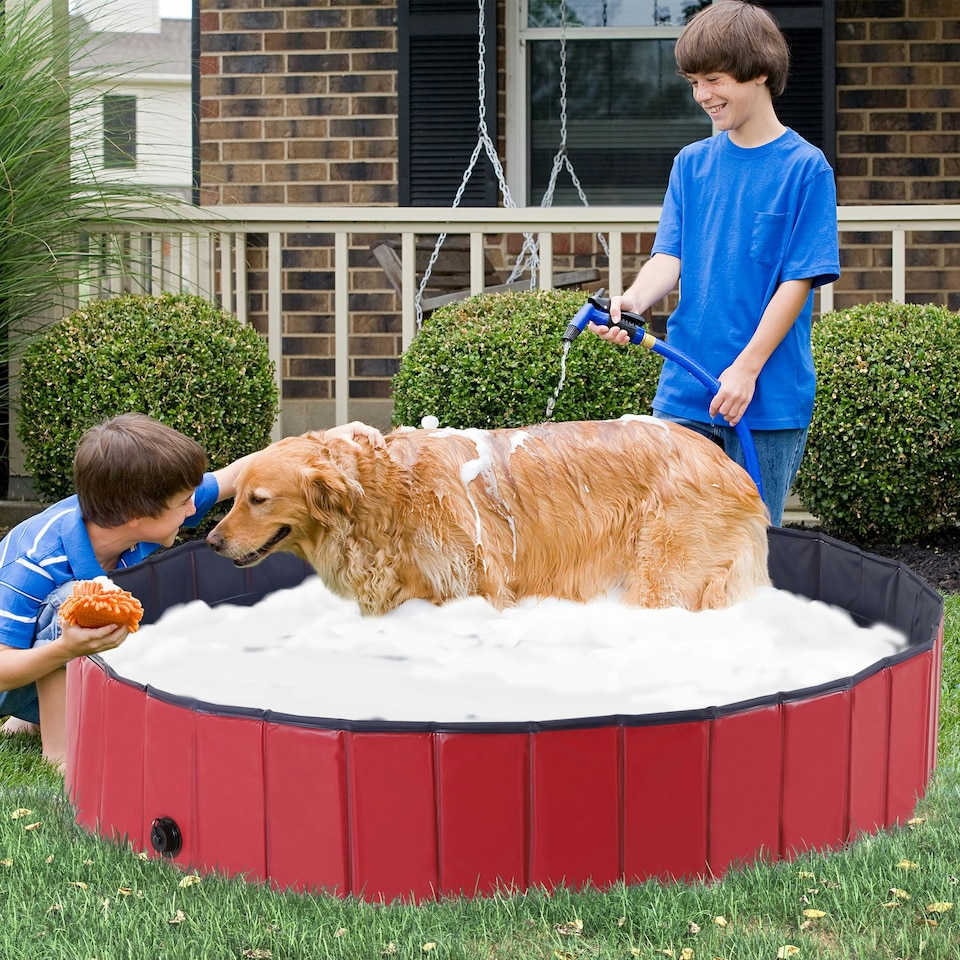 image 1 of PawHut Pet Paddling Pool Cat Dog Indoor/ Outdoor Foldable 160cm Diameter Red