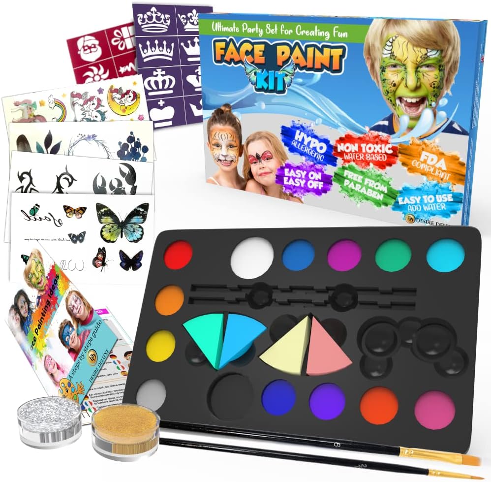 Desire Deluxe Face Painting Kit for Kids - 16 Colors of Non-Toxic, Easy to Use and Hypoallergenic Makeup Face Paint - Professional Halloween Makeup Kit, Birthday Activities for Kids Party